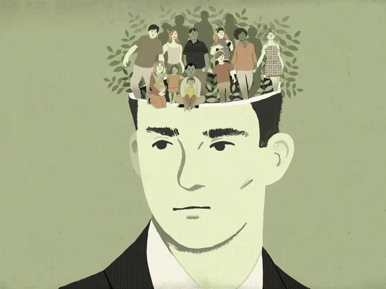 Illustration eines Mannes, der nachdenklich schaut und aus dessen Kopf viele Menschen kommen.
