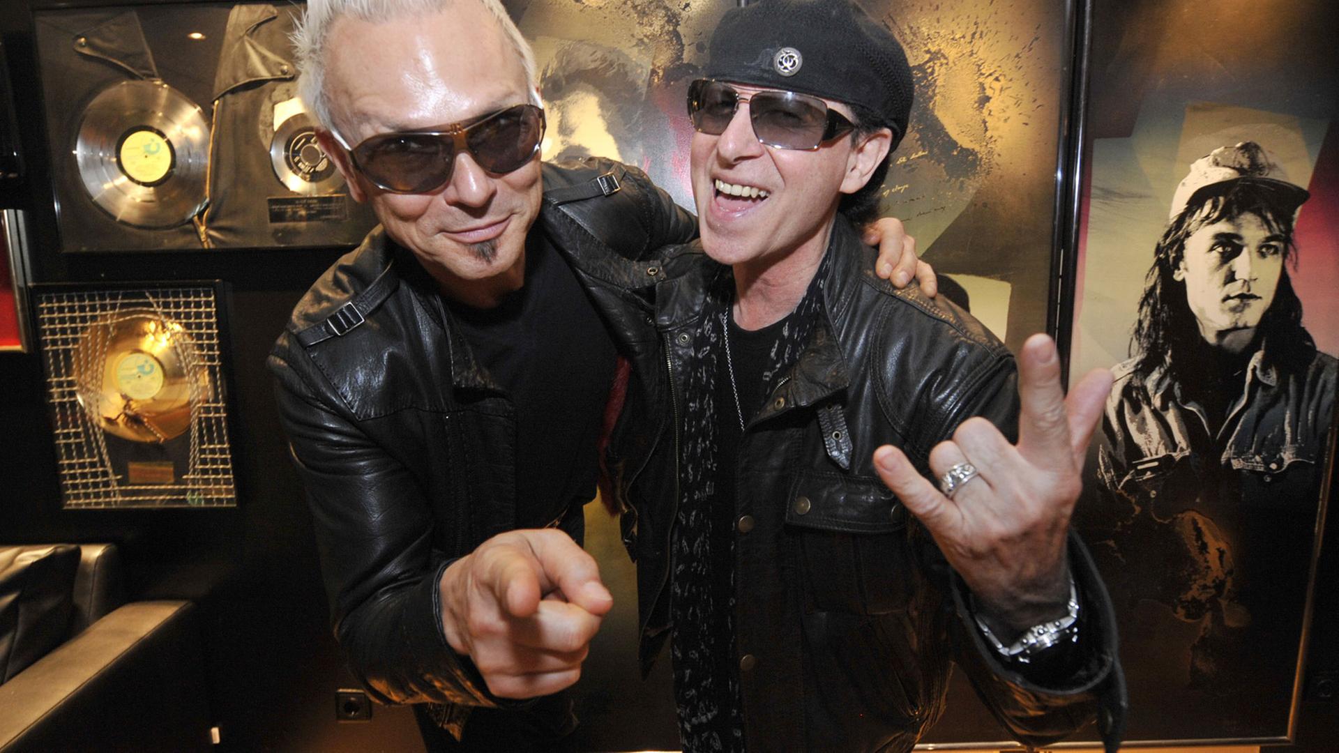Lead singer Klaus Meine (R) and lead guitarist Rudolf Schenker of the iconic German heavy metal band Scorpions, 2009.
