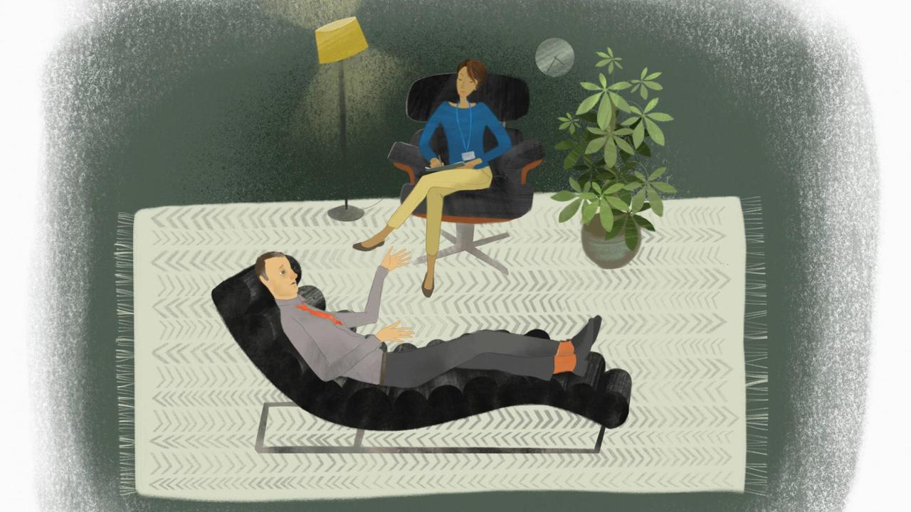Illustration: Ein Mann liegt auf einer Couch und spricht mit einer Therapeutin. Illustration: Ein Mann liegt auf einer Couch und spricht mit einer Therapeutin.
