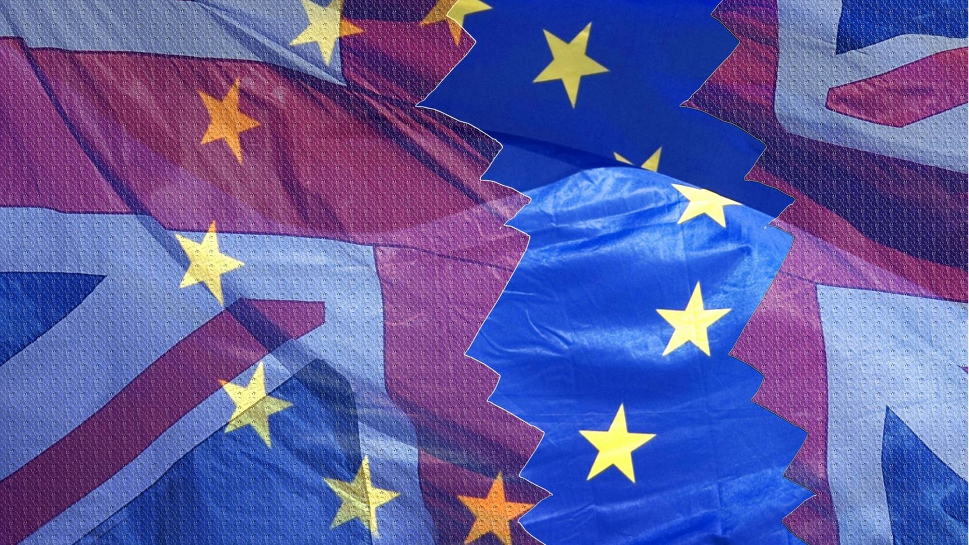 Das Symbolfoto zum Brexit zeigt die Flaggen der EU und Großbritanniens übereinander. Das Symbolfoto zum Brexit zeigt die Flaggen der EU und Großbritanniens übereinander.