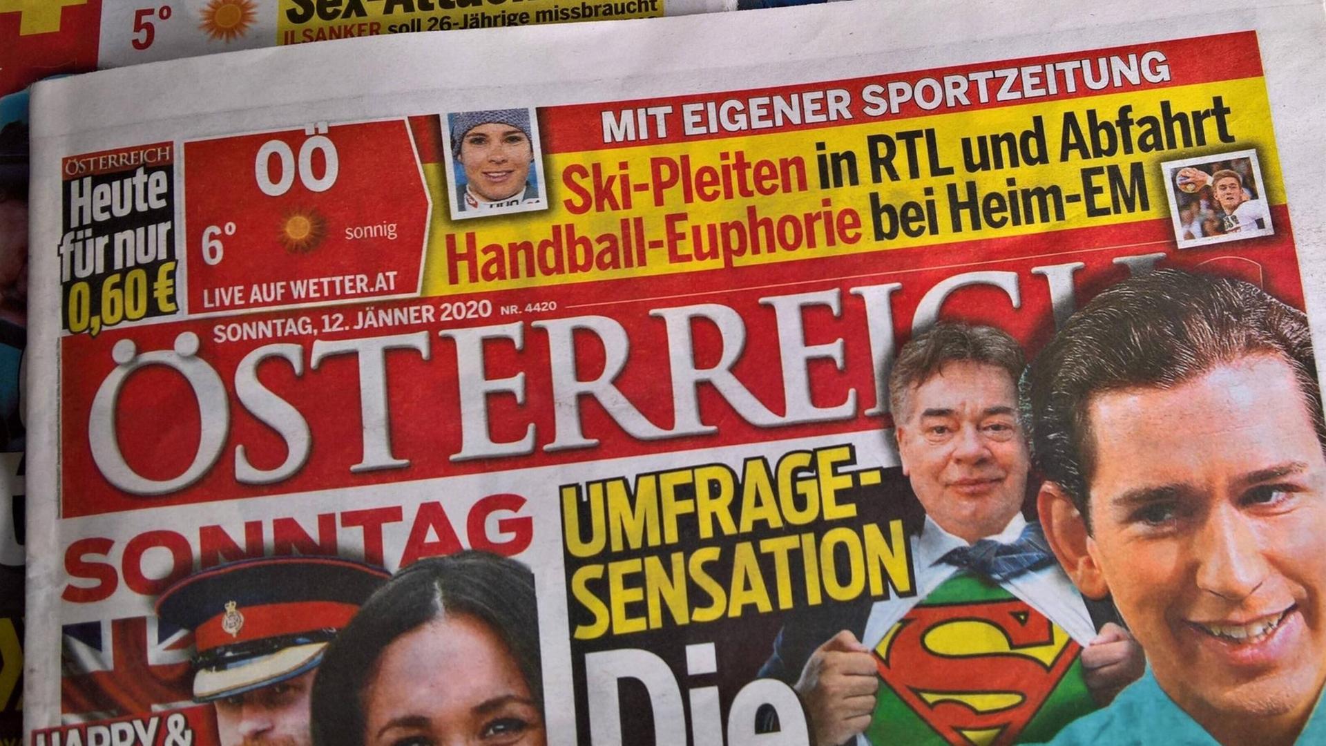 Titelseite der Tageszeitung "Österreich" vom 12.01.2020 mit der Schlagzeile "Umfragensensation" und einem Foto von Sebastian Kurz. Titelseite der Tageszeitung "Österreich" vom 12.01.2020 mit der Schlagzeile "Umfragensensation" und einem Foto von Sebastian Kurz.