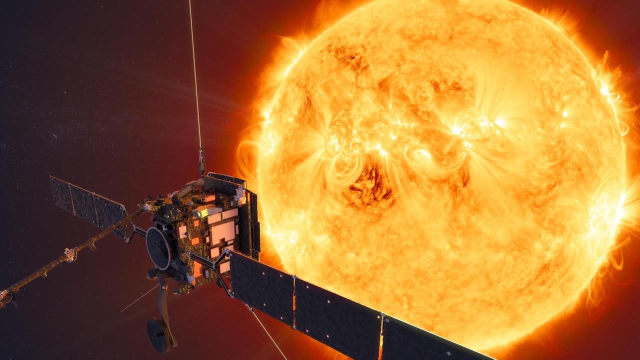 HANDOUT - 14.07.2020, ---, --: Eine künstlerische Darstellung der Raumsonde "Solar Orbiter" vor der Sonne. Auf dem Weg zum Zentrum des Sonnensystems: Die im Februar in den USA gestartete Raumsonde «Solar Orbiter» hat ihre zehn wissenschaftlichen Instrumente an Bord in Betrieb genommen und erste Bilder von der Sonne gemacht. Die europäische Raumfahrtagentur Esa will die ersten Aufnahmen am 17.07.2020 auf einer virtuellen Konferenz präsentieren. Der aus dem Europäischen Raumflugkontrollzentrum (Esoc) in Darmstadt gesteuerte Orbiter von der Esa und der amerikanischen Raumfahrtagentur Nasa soll sich bis auf 42 Millionen Kilometer der Sonne nähern. (zu dpa: Nur 77 Millionen Kilometer entfernt - Sonde macht Sonnenbilder) Foto: ESA/ATG Medialab/NASA/dpa - ACHTUNG: Nur zur redaktionellen Verwendung und nur mit vollständiger Nennung des vorstehenden Credits | Verwendung weltweit