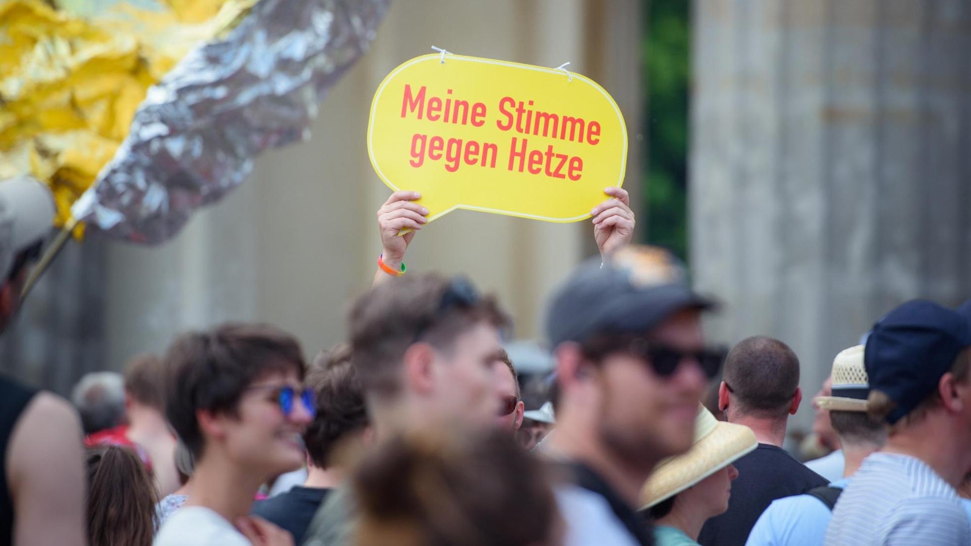 Ein Teilnehmer hält während der "Glänzenden Demonstration" gegen die AfD vor dem Brandenburger Tor ein Schild ("Meine Stimme gegen Hetze") in die Höhe. Ein Teilnehmer hält während der "Glänzenden Demonstration" gegen die AfD vor dem Brandenburger Tor ein Schild ("Meine Stimme gegen Hetze") in die Höhe.