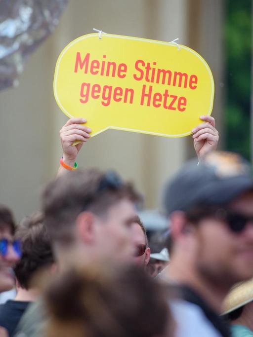 Ein Teilnehmer hält während der "Glänzenden Demonstration" gegen die AfD vor dem Brandenburger Tor ein Schild ("Meine Stimme gegen Hetze") in die Höhe.