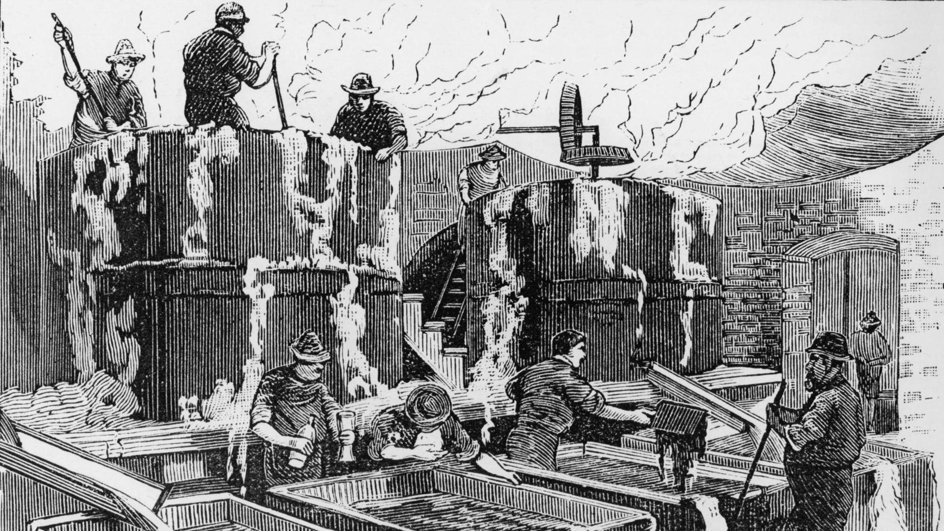 Fabrikation von Kunstbutter in Amerika (Holzstich): Oleomargarin, hergestellt aus Rindertalg und Schweinefett nach dem 1869 patentierten Verfahren des französischen Chemikers Hippolyte Mege-Mouries. Fabrikation von Kunstbutter in Amerika (Holzstich): Oleomargarin, hergestellt aus Rindertalg und Schweinefett nach dem 1869 patentierten Verfahren des französischen Chemikers Hippolyte Mege-Mouries.