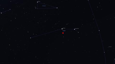 Der Asteroid Iris (roter Punkt) steht gerade im Sternbild Widder
