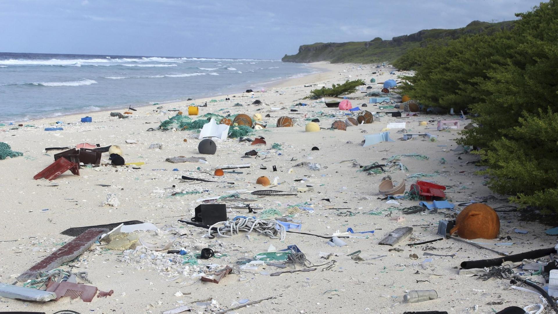 Auf dem Foto ist der Strand der unbewohnten Henderson-Insel zu sehen - verschmutzt durch angeschwemmten Plastikmüll. Auf dem Foto ist der Strand der unbewohnten Henderson-Insel zu sehen - verschmutzt durch angeschwemmten Plastikmüll.