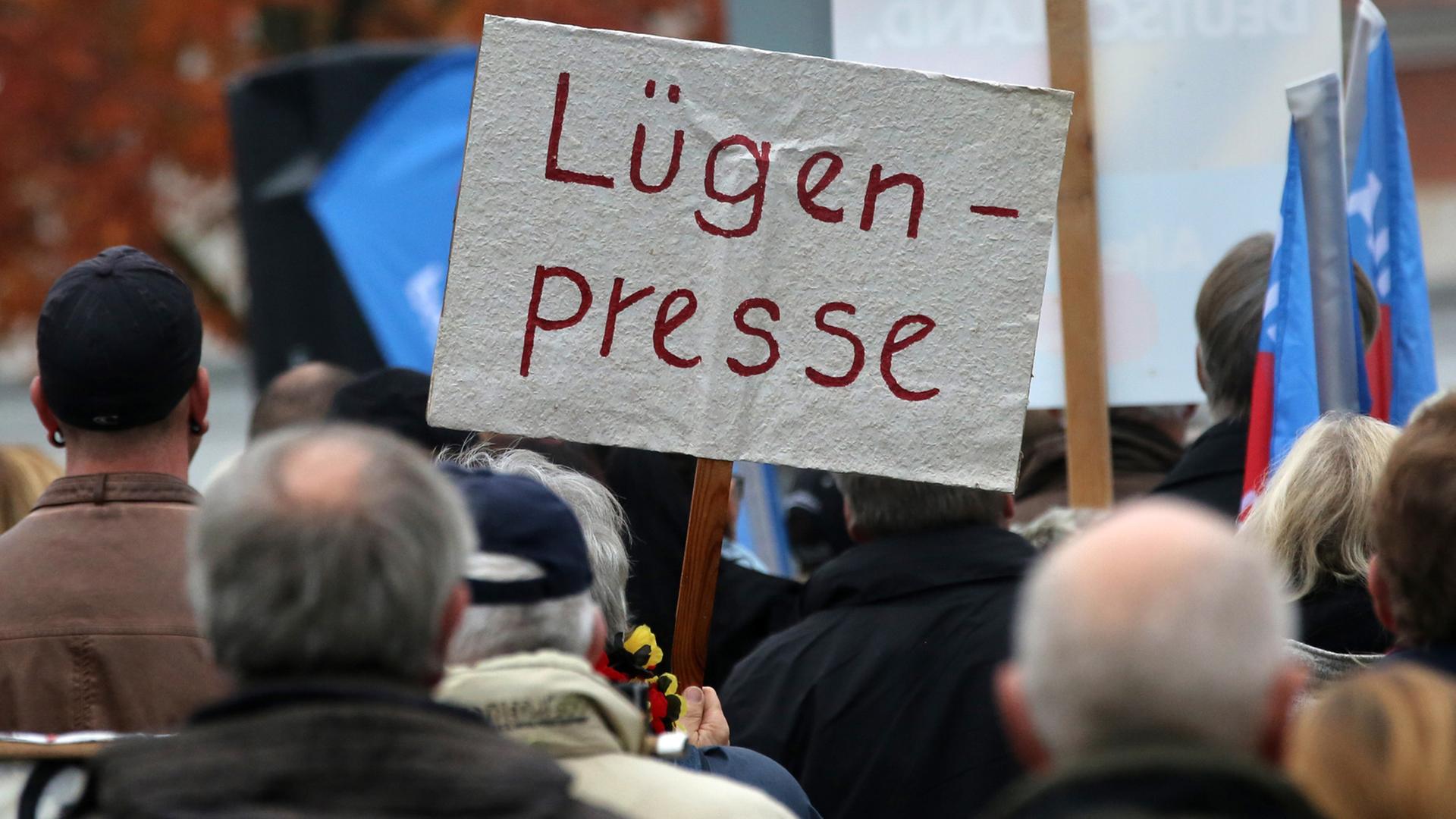 Anhänger der Alternative für Deutschland (AfD) demonstrieren in Rostock gegen die deutsche Asylpolitik, auf einem Schild steht "Lügenpresse". Anhänger der Alternative für Deutschland (AfD) demonstrieren in Rostock gegen die deutsche Asylpolitik, auf einem Schild steht "Lügenpresse".