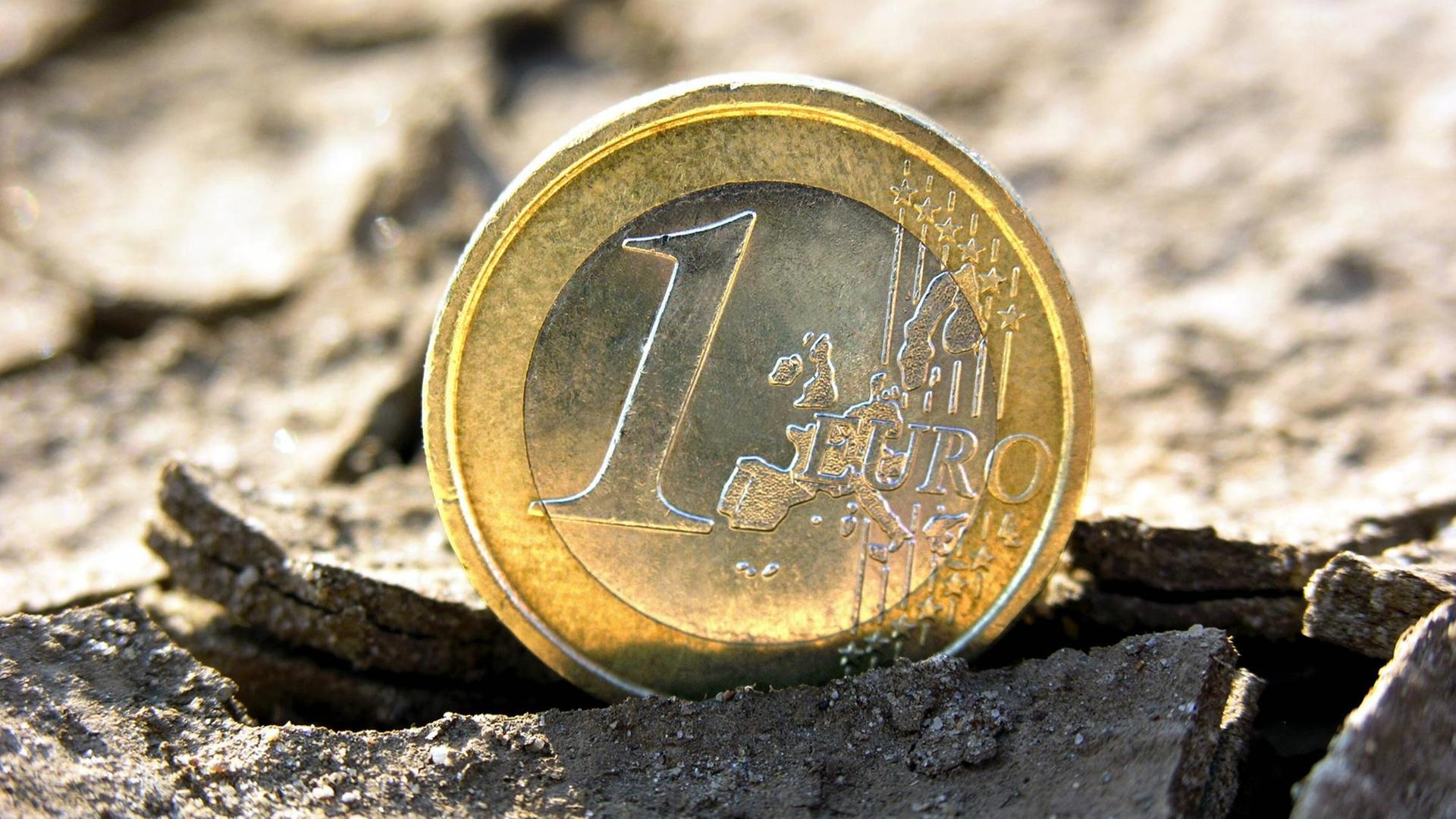 Ein Euro-Stück steht auf ausgetrockneter Erde.