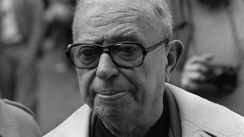 Jean-Paul Sartre 1979. Schwarz-Weiß-Aufnahme.