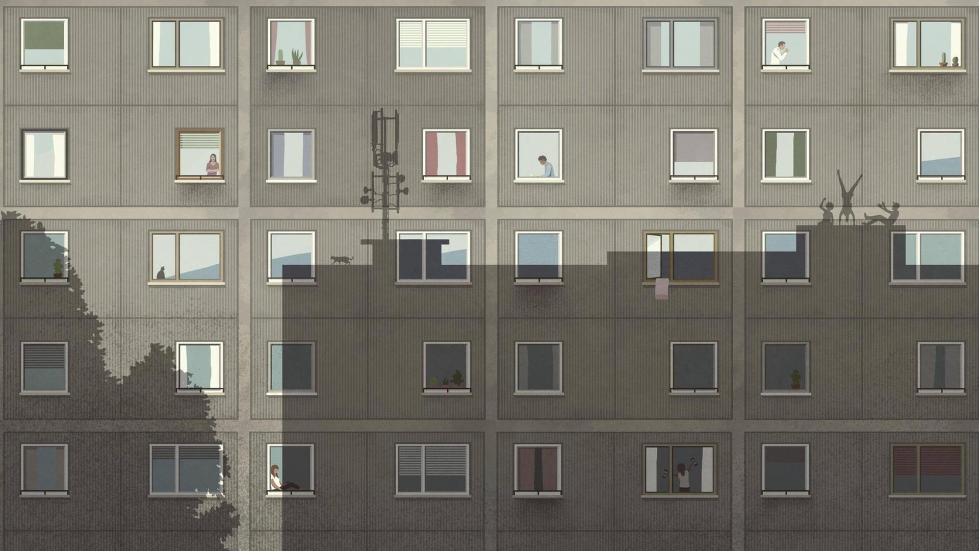 Die Illustration zeigt die Fassade eines grauen Plattenbaus, auf dem der Schatten eines anderen Hochhauses zu sehen ist, auf dem Leute Handstände machen. Die Illustration zeigt die Fassade eines grauen Plattenbaus, auf dem der Schatten eines anderen Hochhauses zu sehen ist, auf dem Leute Handstände machen.