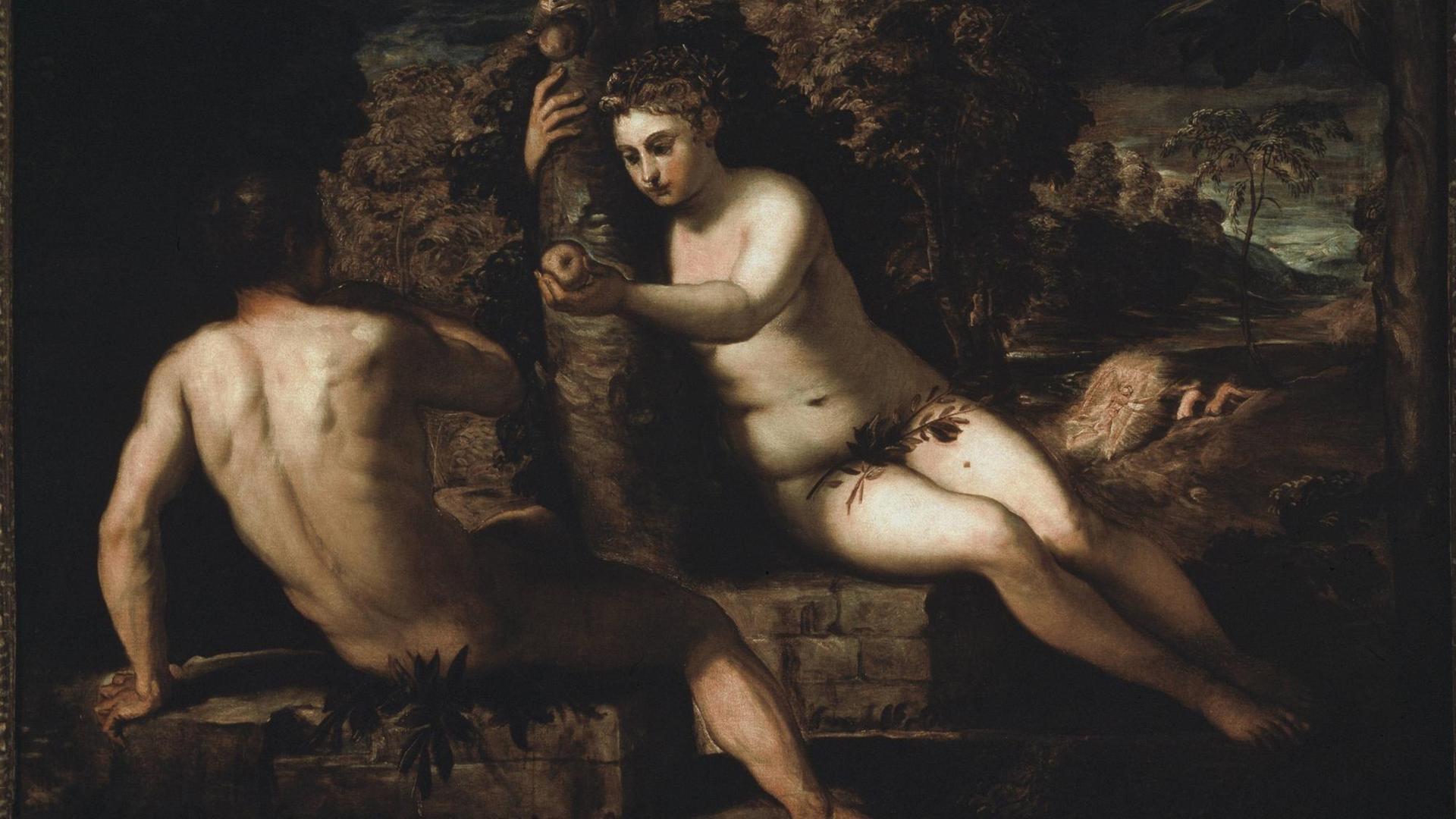 Das Gemälde "Adam und Eva" von Jacopo Tintoretto (1518-1594): Eva reicht Adam den Apfel. Das Gemälde "Adam und Eva" von Jacopo Tintoretto (1518-1594): Eva reicht Adam den Apfel.