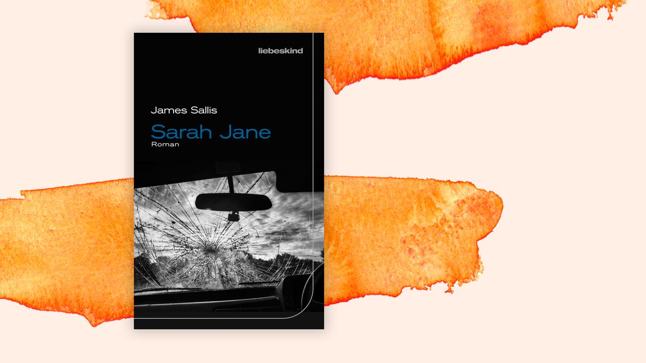 Das Buchcover des Krimis von James Sallis, "Sarah Jane", auf orange-weißem Hintergrund.