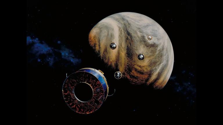 Kurz vor dem Erreichen der Venus wurden die Eintauchsonden der Pioneer Venus Multiprobe von der Trägerstruktur mit dem Bonner Experiment abgetrennt Kurz vor dem Erreichen der Venus wurden die Eintauchsonden der Pioneer Venus Multiprobe von der Trägerstruktur mit dem Bonner Experiment abgetrennt