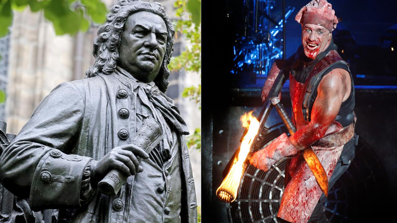 Denkmal von Johann Sebastian Bach in Leipzig und ein Bild von Till Lindemann, Sänger der Band Rammstein Denkmal von Johann Sebastian Bach in Leipzig und ein Bild von Till Lindemann, Sänger der Band Rammstein