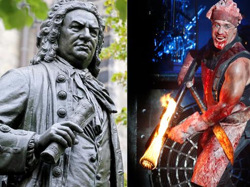 Denkmal von Johann Sebastian Bach in Leipzig und ein Bild von Till Lindemann, Sänger der Band Rammstein