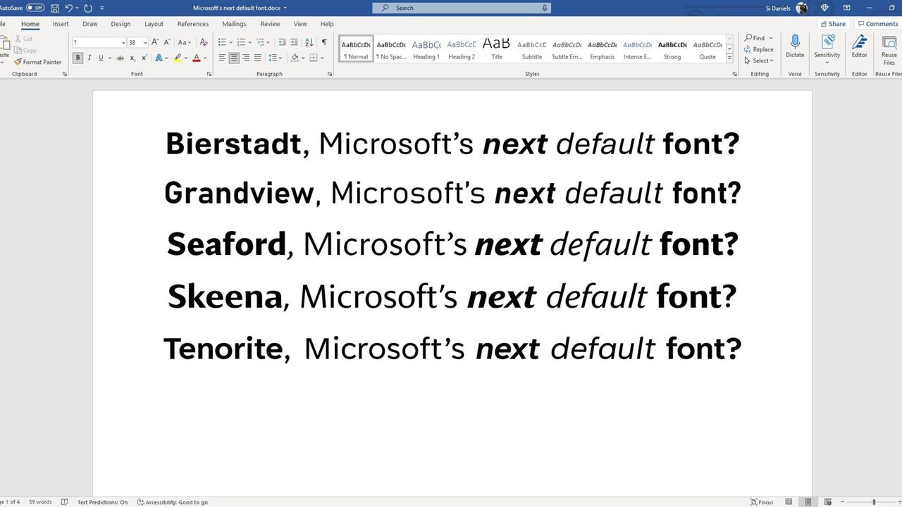 Auf einem Word-Dokument stehen die Vorschläge für eine neue Standardschrift für Microsoft Office: Bierstadt, Grandview, Seaford, Skeena, Tenorite - und jeweils dahinter "Microsoft's next default font?".