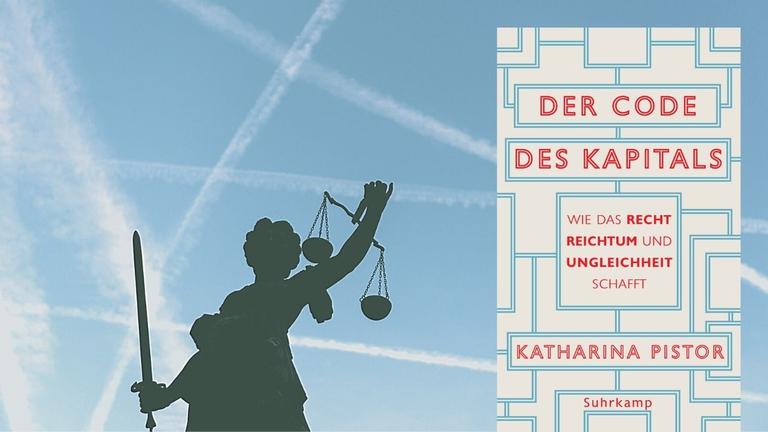 Hintergrundbild: Die "Justitia", Göttin der Justiz und der Gerechtigkeit, steht auf dem Gerechtigkeitsbrunnen in Frankfurt am Main. Vordergrund: Buchcover Hintergrundbild: Die "Justitia", Göttin der Justiz und der Gerechtigkeit, steht auf dem Gerechtigkeitsbrunnen in Frankfurt am Main. Vordergrund: Buchcover