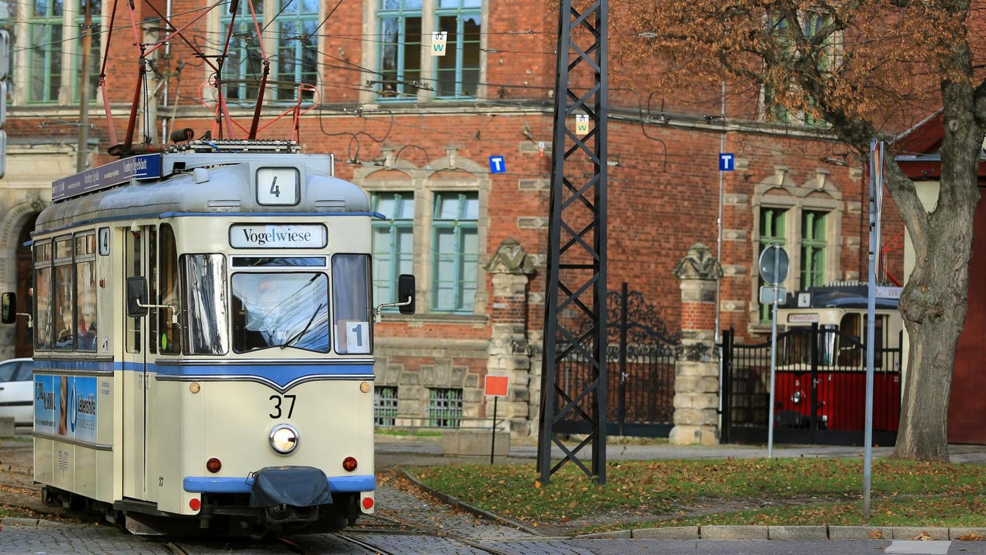 Die historische Straßenbahn "Wilde Zicke" fährt am 18.11.2016 durch Naumburg (Sachsen-Anhalt). Die Strecke der kleinsten Straßenbahn Deutschlands soll verlängert werden. Nach Stilllegung Anfang der 1990er Jahre und privatem Wiederbetrieb ist die Bahn seit 2007 wieder regulär unterwegs.