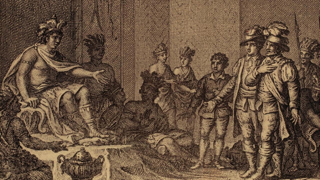 Ein alter Stich aus dem 19. Jahrhundert zeigt eine Szene aus der gewaltsamen Eroberung Südamerikas im frühe 16. Jahrhundert: Der Inkaherrscher Atahualpa begegnet Francisco Pizarro und Hernando de Soto. Ein alter Stich aus dem 19. Jahrhundert zeigt eine Szene aus der gewaltsamen Eroberung Südamerikas im frühe 16. Jahrhundert: Der Inkaherrscher Atahualpa begegnet Francisco Pizarro und Hernando de Soto.