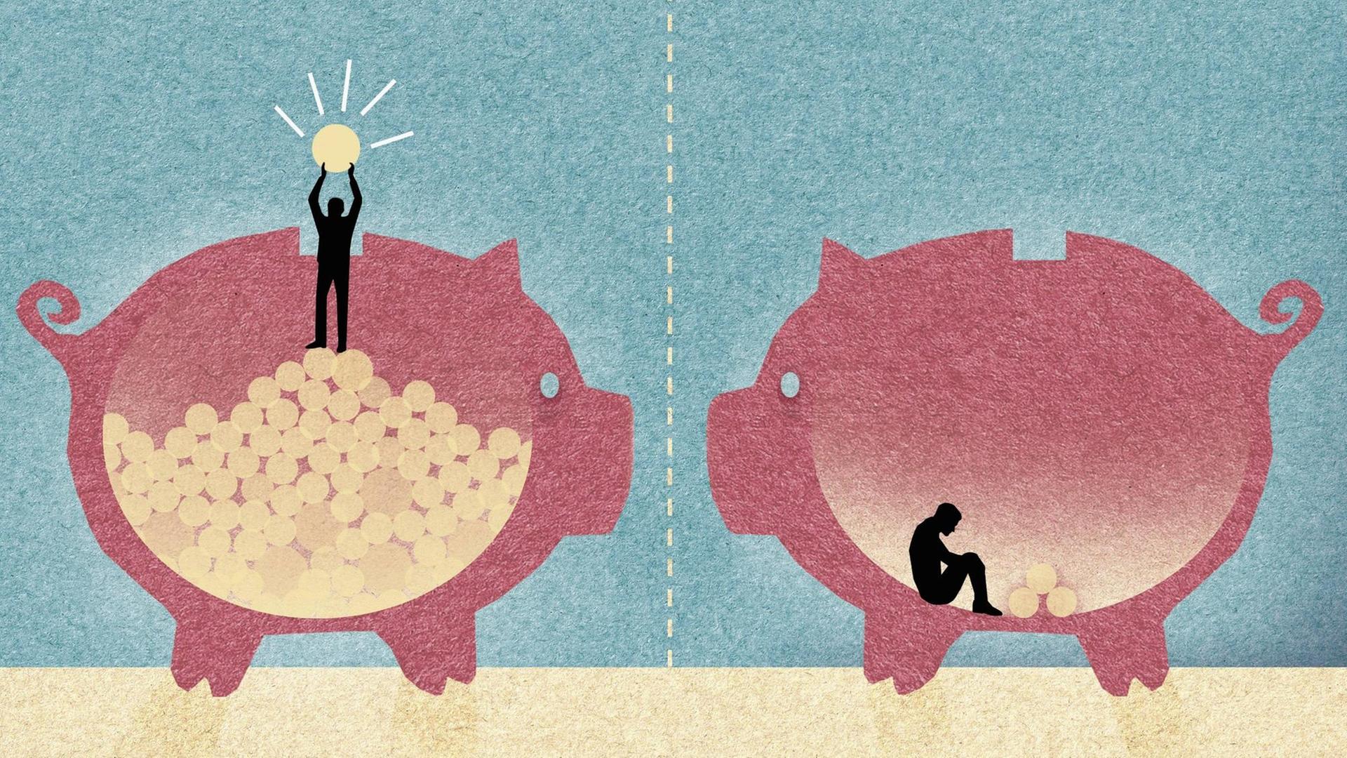 Die Illustration zeigt links einen Mann, der in einem mit vielen Münzen gefüllten Sparschwein steht und eine Münze hochhält. Rechts sitzt ein Mann in einem fast leeren Sparschwein. Die Illustration zeigt links einen Mann, der in einem mit vielen Münzen gefüllten Sparschwein steht und eine Münze hochhält. Rechts sitzt ein Mann in einem fast leeren Sparschwein.