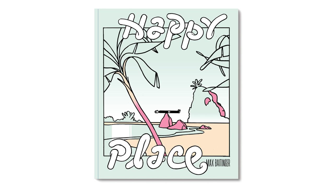 Cover von "Happy Place" von Comiczeichner Max Baitinger. Zu sehen ist eine Insel. Auf einem Stein liegt ein Strichmännchen steif wie ein Brett. 