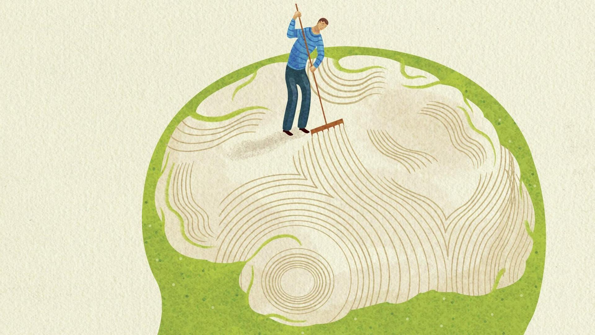 Illustration: Ein Mann harkt den Zen-Garten im Kopf eines Menschen. Illustration: Ein Mann harkt den Zen-Garten im Kopf eines Menschen.