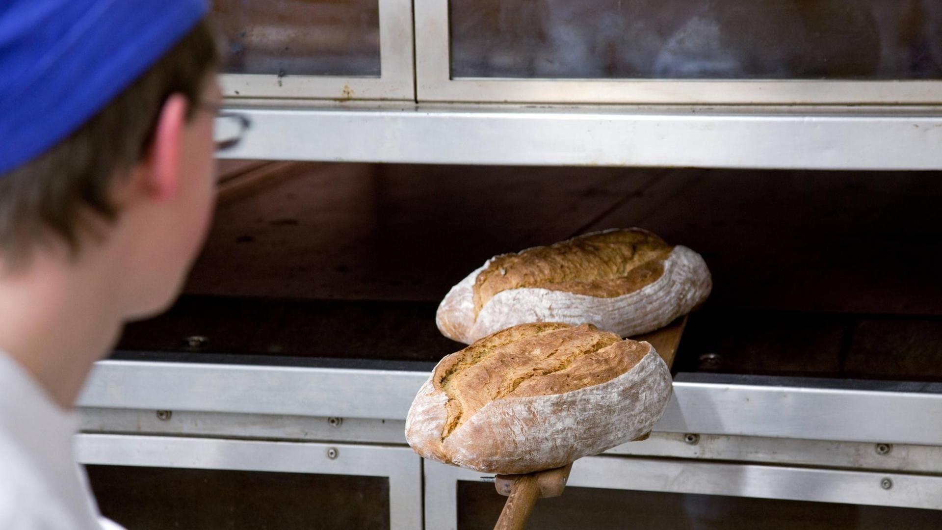 Ein Auszubildender im Bäckerhandwerk holt Brot aus dem Backofen Ein Auszubildender im Bäckerhandwerk holt Brot aus dem Backofen