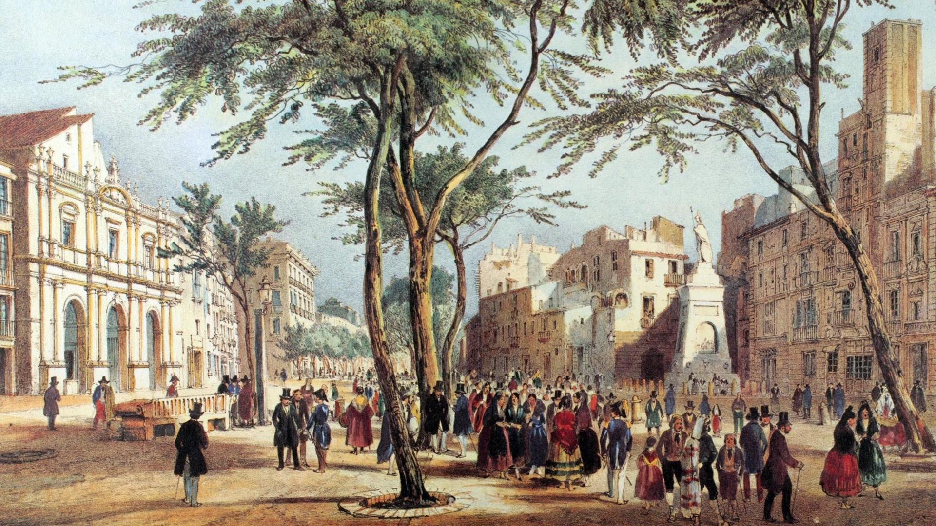 Vue des Ramblas et du grand theatre du Liceu, a Barcelone (Espagne) - Lithographie 19e siecle, d apres Chapuy Spain, Catalonia, Barcelona : view of Las Ramblas and the Liceu opera house (left), 19th century - Copying a colored engraving by Chapuy !AUFNAHMEDATUM GESCH Vue des Ramblas et du grand theatre du Liceu, a Barcelone (Espagne) - Lithographie 19e siecle, d apres Chapuy Spain, Catalonia, Barcelona : view of Las Ramblas and the Liceu opera house (left), 19th century - Copying a colored engraving by Chapuy !AUFNAHMEDATUM GESCH