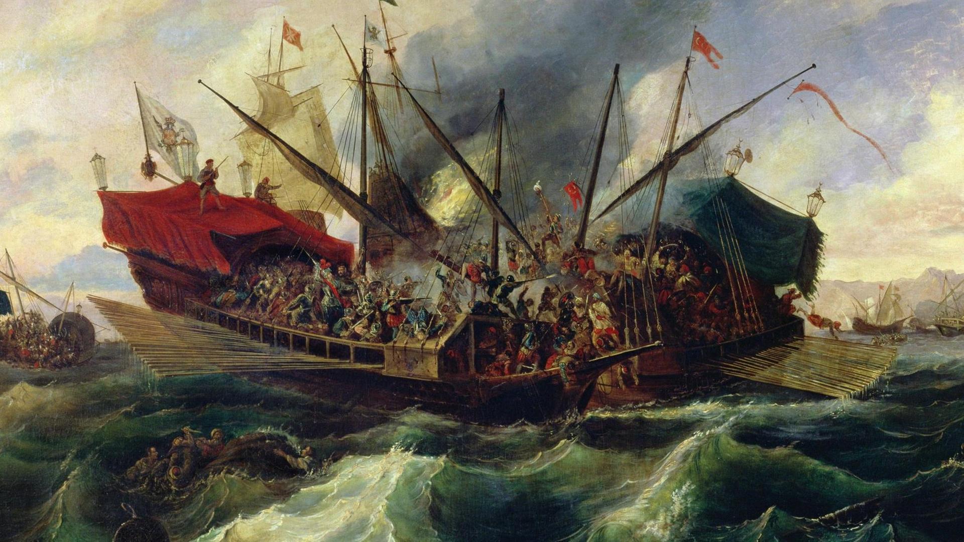 Das Detail eines Ölgemäldes von Antonio de Brugada Vila zeigt die Seeschlacht zwischen den Armeen der Heiligen Liga und des Osmanischen Reichs Das Detail eines Ölgemäldes von Antonio de Brugada Vila zeigt die Seeschlacht zwischen den Armeen der Heiligen Liga und des Osmanischen Reichs