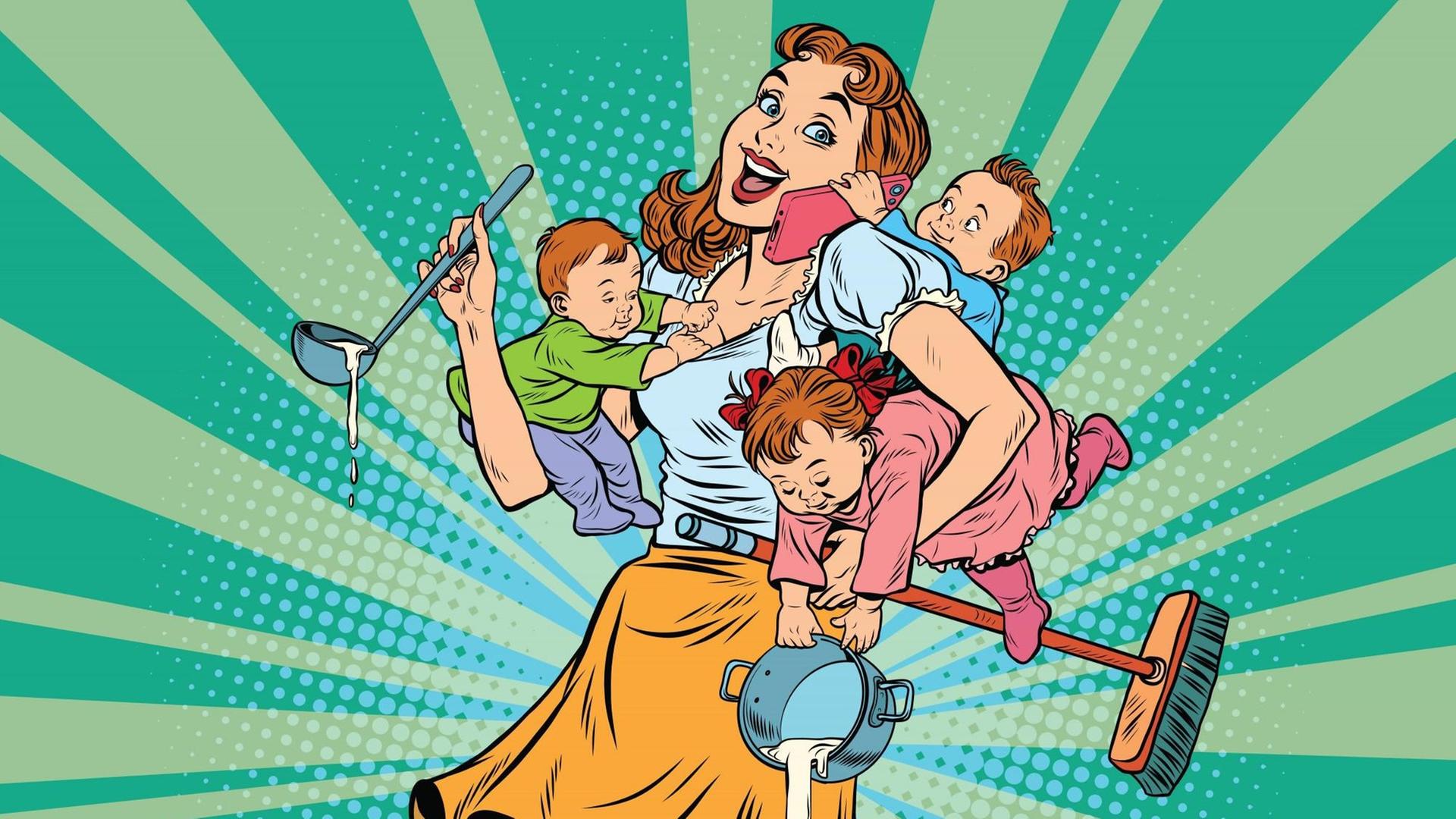 Eine Comic-Babysitterin passt gleichzeitig auf drei Kinder auf, die sich alle an sie klammern. Eine Comic-Babysitterin passt gleichzeitig auf drei Kinder auf, die sich alle an sie klammern.