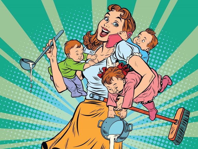 Eine Comic-Babysitterin passt gleichzeitig auf drei Kinder auf, die sich alle an sie klammern.