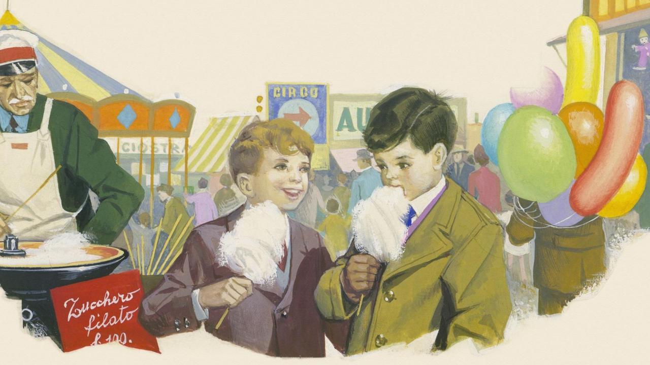 Eine bunte Zeichnung zeigt zwei Jungs, die fröhlich Zuckerwatte auf einem Jahrmarkt genießen.