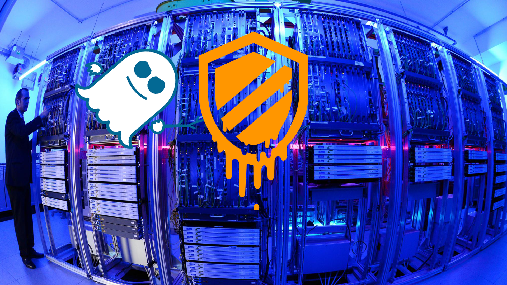 Die Logos der Sicherheitslücken Meltdown und Spectre sind vor einem Regal mit Computern zu sehen (Kollage) Die Logos der Sicherheitslücken Meltdown und Spectre sind vor einem Regal mit Computern zu sehen (Kollage)