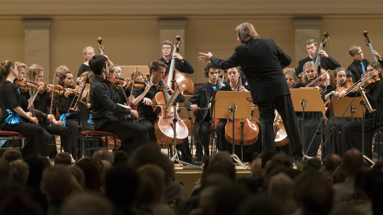 Orchester spielt unter der Anleitung des Dirigenten Orchester spielt unter der Anleitung des Dirigenten
