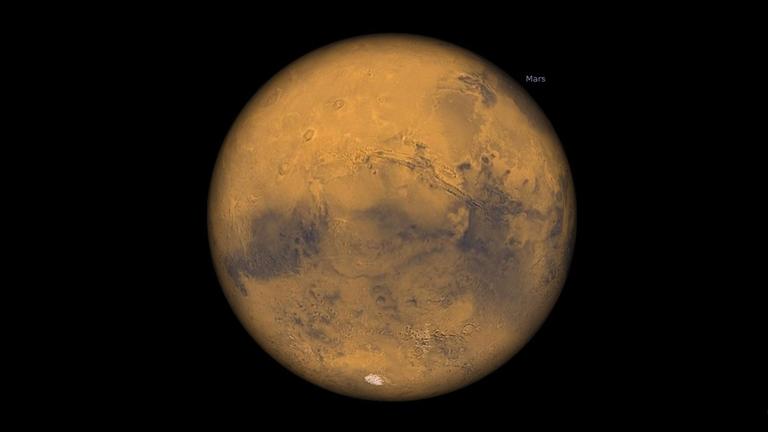 So erschiene Mars einem Beobachter auf der Sonne zur Mars-Wintersonnenwende - der Südpol (unten) ist der Sonne zugewandt So erschiene Mars einem Beobachter auf der Sonne zur Mars-Wintersonnenwende - der Südpol (unten) ist der Sonne zugewandt