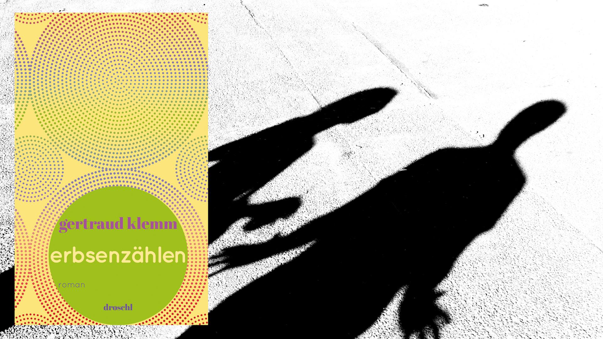 Cover von Gertraud Klemms Roman "Erbsenzählen, vor dem Hintergrund eines Fotos, auf dem die Silhouetten von einer Frau und einem Mann zu sehen sind.