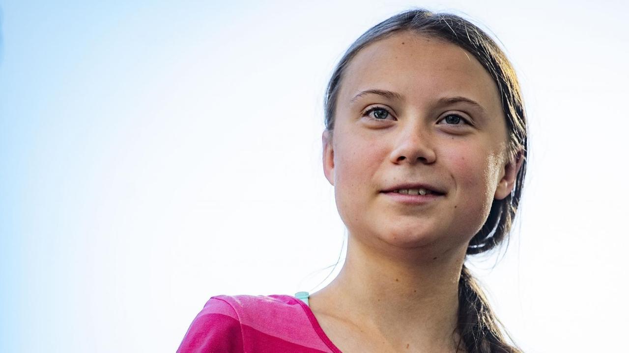 Porträt der schwedischen Klimaaktivistin Greta Thunberg, die lächelt Porträt der schwedischen Klimaaktivistin Greta Thunberg, die lächelt