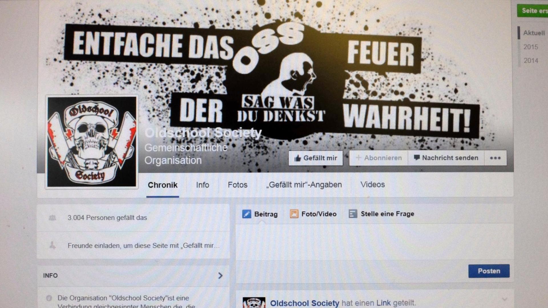 Die von einem Computermonitor abfotografierte Facebook-Seite der "Oldschool Society". Die von einem Computermonitor abfotografierte Facebook-Seite der "Oldschool Society".