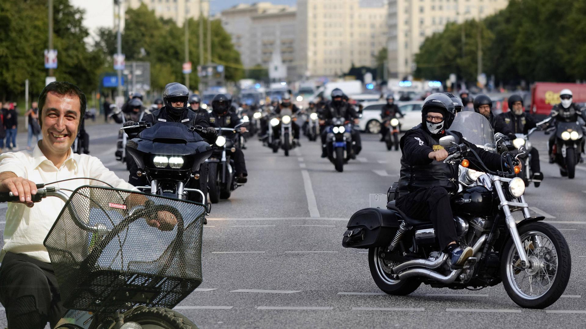 Collage: Cem Özdemir auf dem Fahrrad. Im Hintergrund: Die Hells Angels Berlin während einer Demo-Ausfahrt. Collage: Cem Özdemir auf dem Fahrrad. Im Hintergrund: Die Hells Angels Berlin während einer Demo-Ausfahrt.