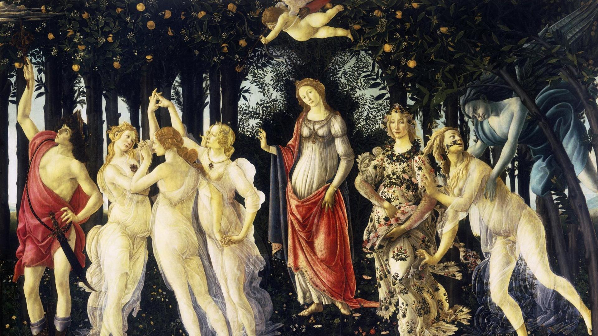 Abbildung des Gemäldes La Primavera, von Sandro Botticelli, konserviert in der Uffizien-Galerie in Florenz. Abbildung des Gemäldes La Primavera, von Sandro Botticelli, konserviert in der Uffizien-Galerie in Florenz.