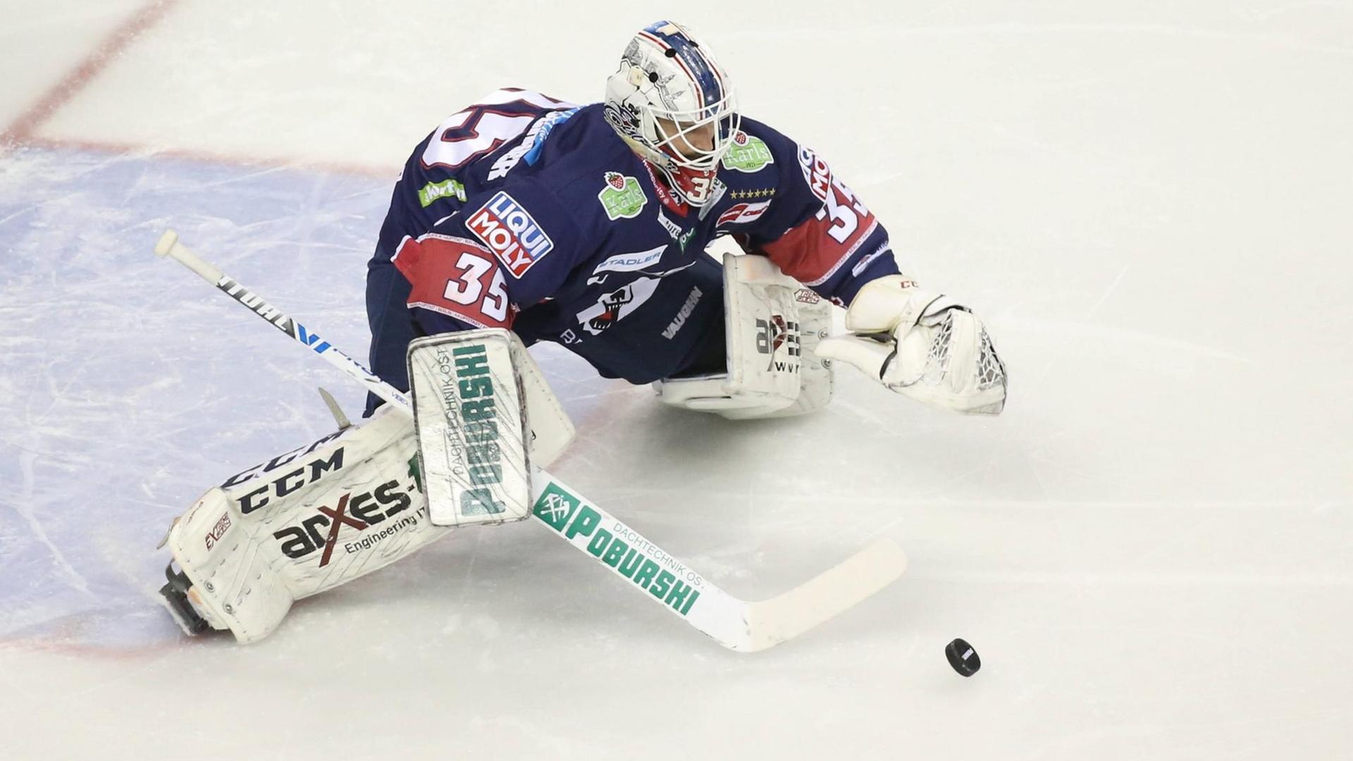 Eisbären-Torhüter Mathias Niederberger in Aktion während eines DEL-Spiels gegen RB München Eisbären-Torhüter Mathias Niederberger in Aktion während eines DEL-Spiels gegen RB München