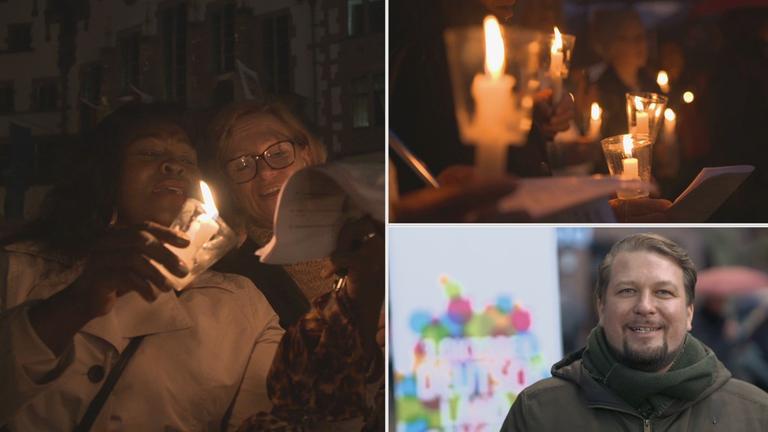 Drei Bilder zeigen brennende Kerzen, zwei Frauen, mit mit einer brennenden Kerze in der Hand gemeinsam singen und ein junger Mann vor einem Plakat der Aktion "3. Oktover - Deutschland singt2. Drei Bilder zeigen brennende Kerzen, zwei Frauen, mit mit einer brennenden Kerze in der Hand gemeinsam singen und ein junger Mann vor einem Plakat der Aktion "3. Oktover - Deutschland singt2.