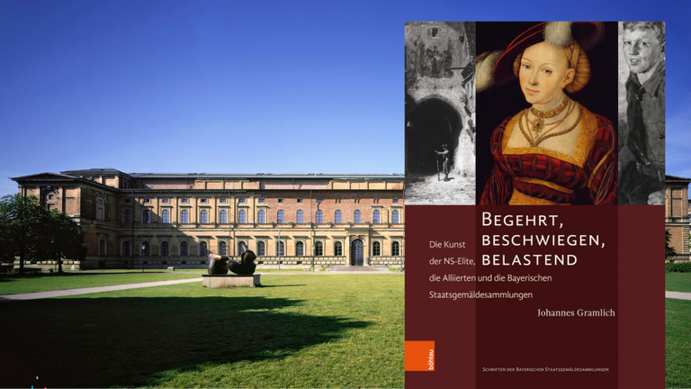 Das Cover von "Begehrt, beschwiegen, belastend. Die Kunst der NS-Elite, die Alliierten und die Bayerischen Staatsgemäldesammlungen." und im Hintergrund die Alte Pinakothek, die einen Teil der Sammlung beherbergt