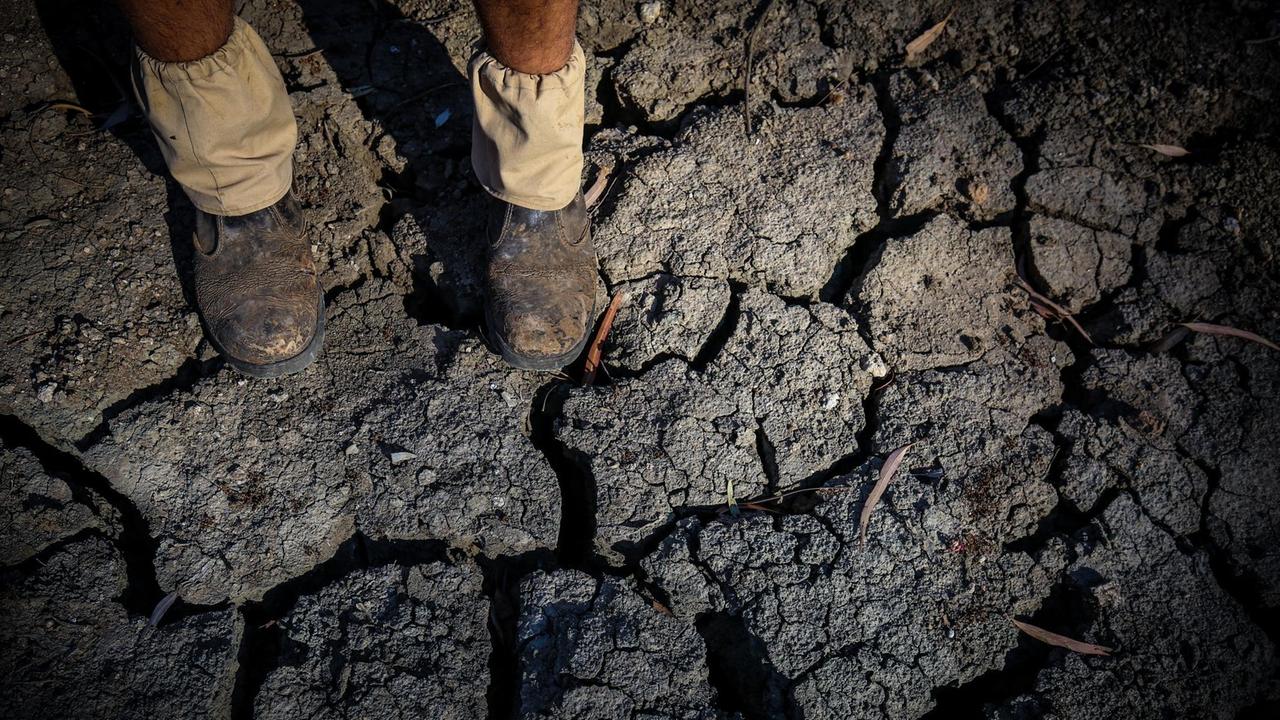 Die Füße eines Landwirts stehten im ausgetrockneten Bett des Namoi-Flusses. Die Füße eines Landwirts stehten im ausgetrockneten Bett des Namoi-Flusses.