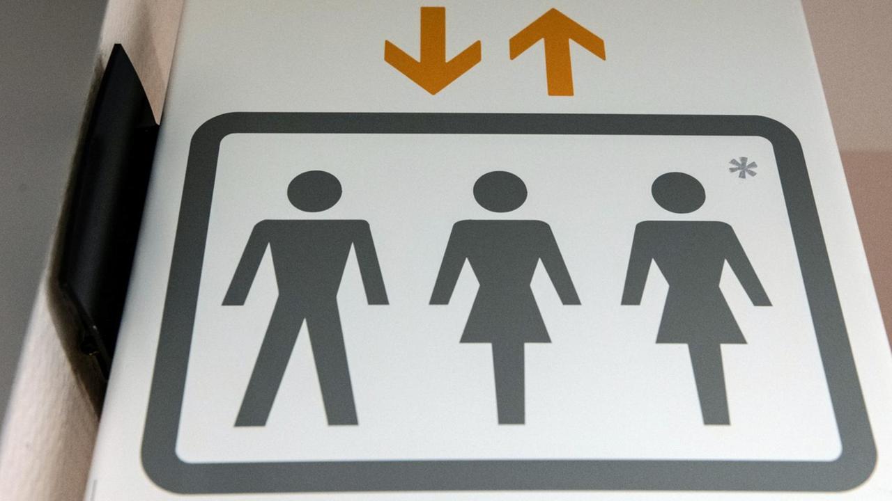 Ein Piktogramm am Aufzug für Männer, Frauen und auch weitere mit *-Zeichen gekennzeichnete Menschen. Ein Piktogramm am Aufzug für Männer, Frauen und auch weitere mit *-Zeichen gekennzeichnete Menschen.