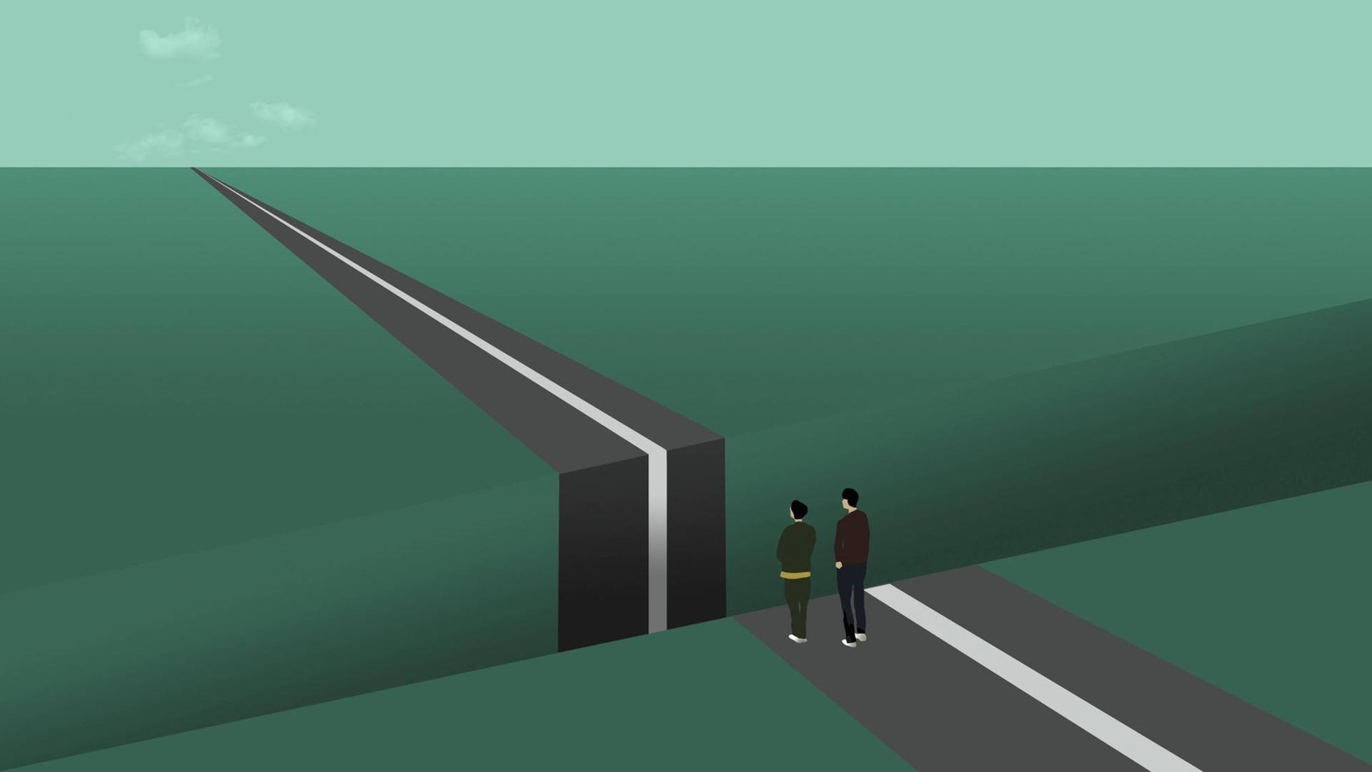 Illustration: Paar am Rand eines Straßenspaltes Illustration: Paar am Rand eines Straßenspaltes