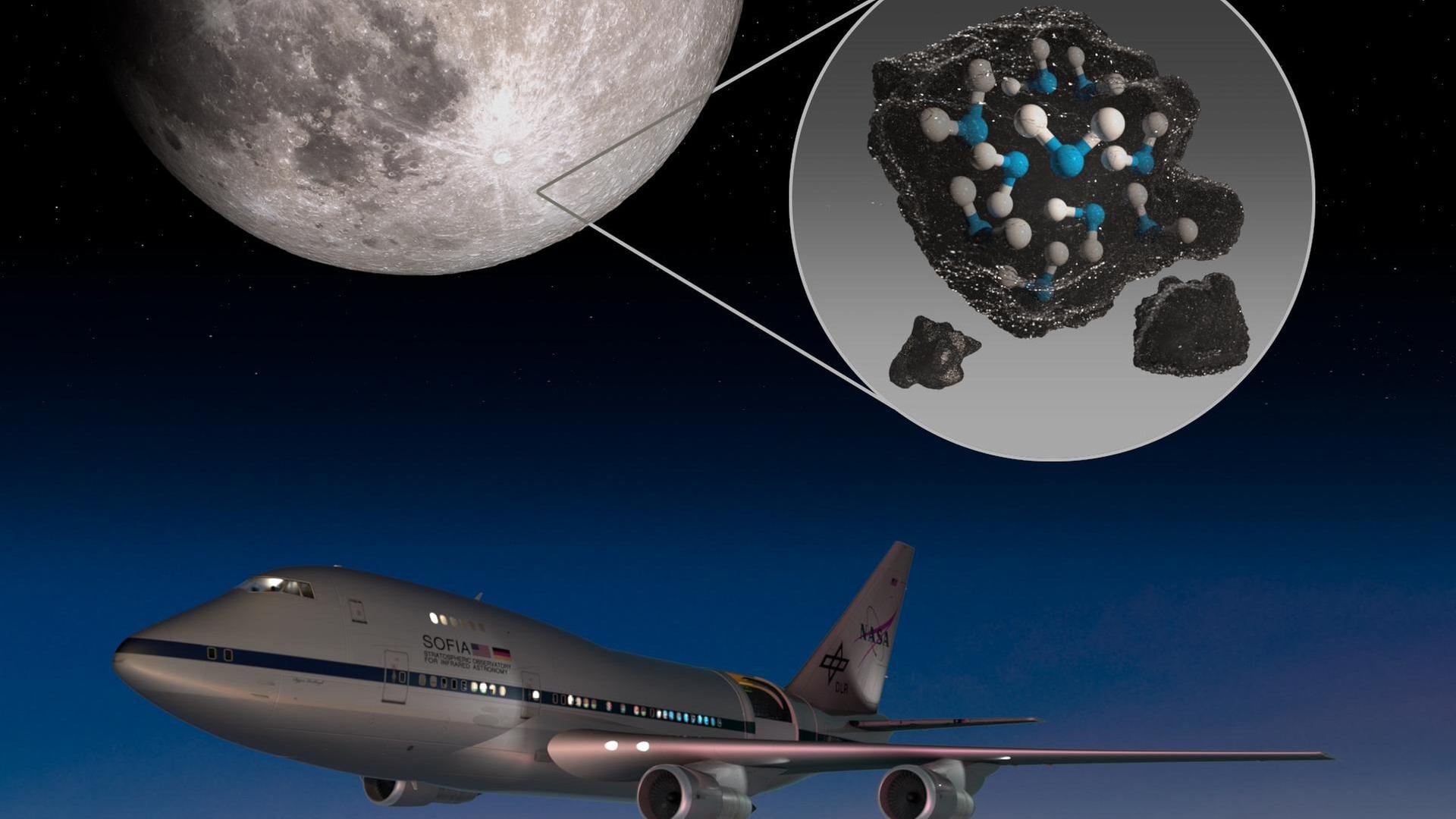 Die fliegende Sternwarte SOFIA hat Wassermoleküle im Mondgestein entdeckt (Illustration) Die fliegende Sternwarte SOFIA hat Wassermoleküle im Mondgestein entdeckt (Illustration)