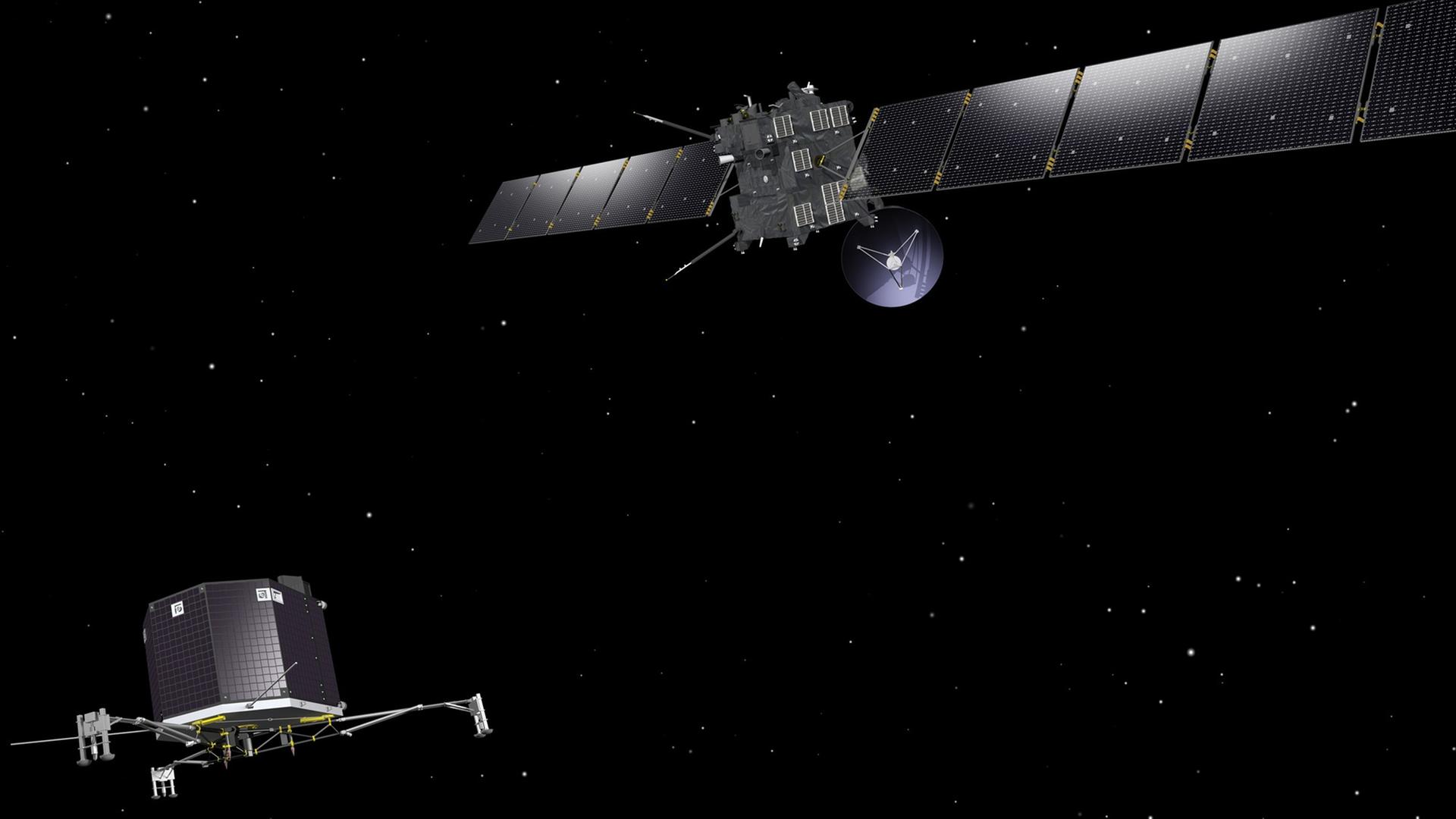Die Raumsonde Rosetta und der Lander Philae schweben über der Kometenoberfläche von 67P. Künstlerische Darstellung eines Illustrators. Die Raumsonde Rosetta und der Lander Philae schweben über der Kometenoberfläche von 67P. Künstlerische Darstellung eines Illustrators.