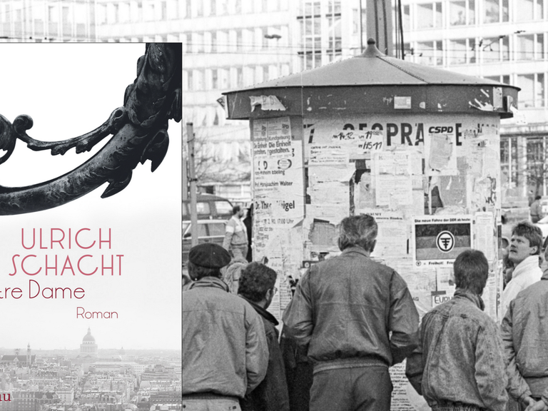 Ulrich Schachts Roman "Notre Dame". Im Hintergrund: ein Foto aus Leipzig nach der Wende.